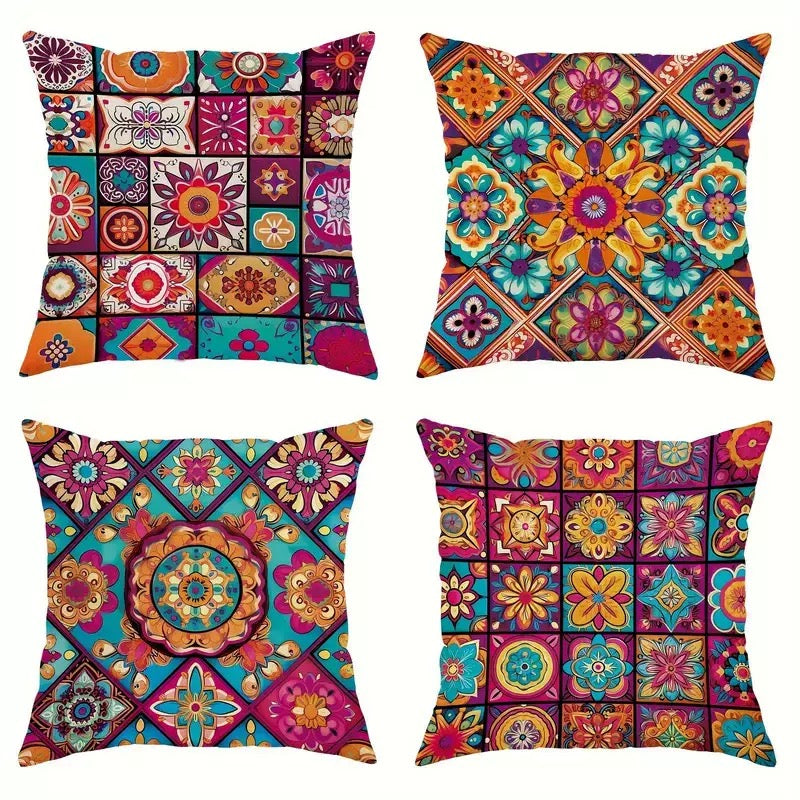 Bohemian Mandala Patchwork Cushion Covers – Set of 4 Colourful Polyester Cushion Covers