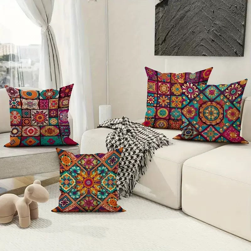 Bohemian Mandala Patchwork Cushion Covers – Set of 4 Colourful Polyester Cushion Covers