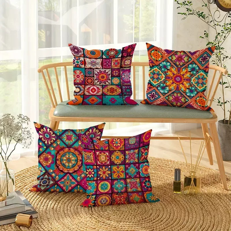 Bohemian Mandala Patchwork Cushion Covers – Set of 4 Colourful Polyester Cushion Covers