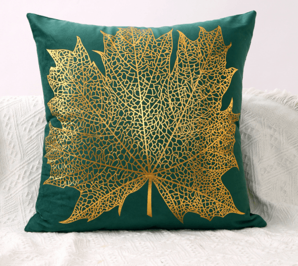 Green Velvet Cushion Cover with Big Gold Leaf Pattern – Luxury Decorative Pillowcase (45x45 cm)