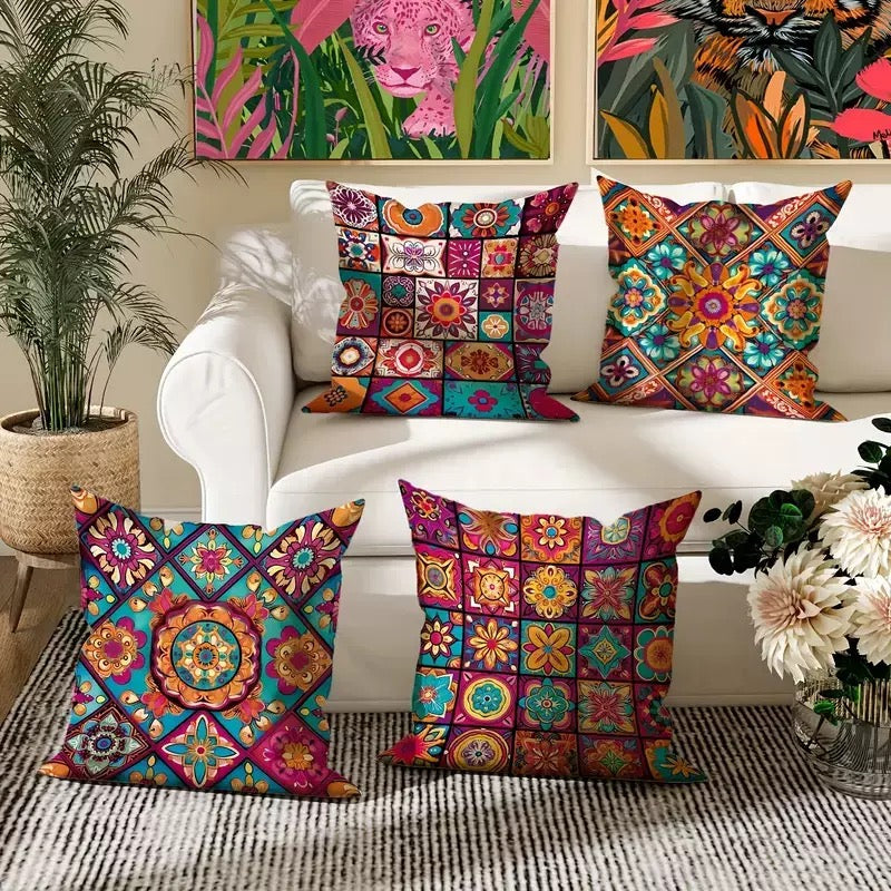 Bohemian Mandala Patchwork Cushion Covers – Set of 4 Colourful Polyester Cushion Covers