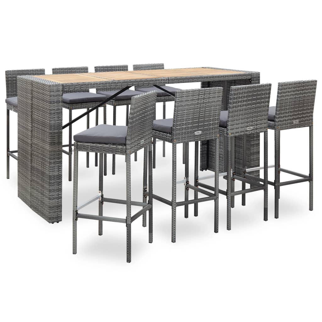 NNEVL 9 Piece Outdoor Bar Set Poly Rattan and Acacia Wood Grey