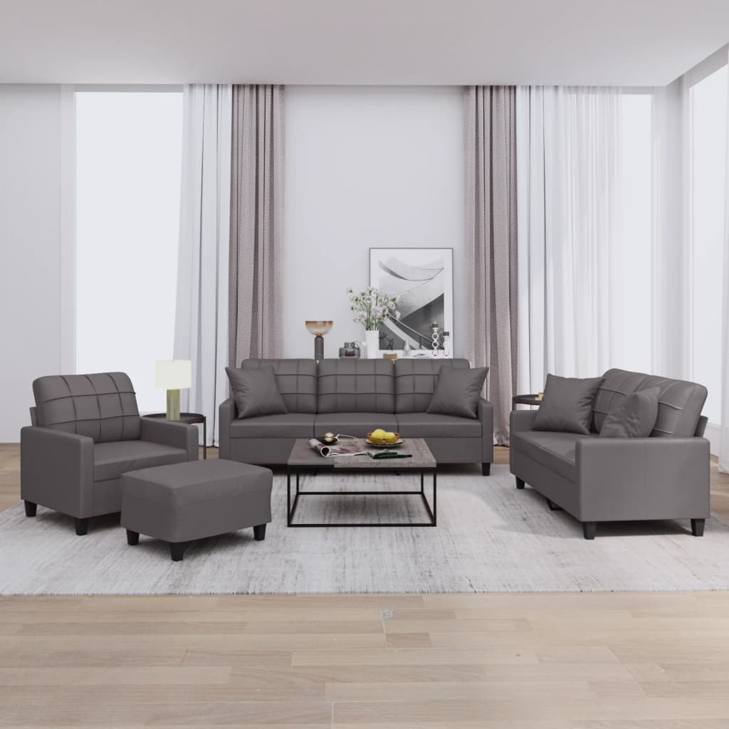NNEVL 4 Piece Sofa Set with Pillows Grey Faux Leather