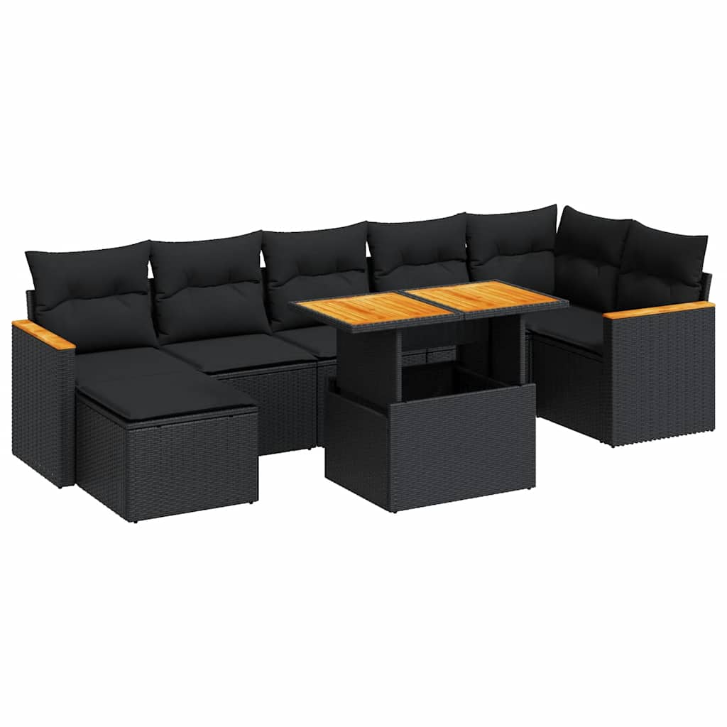 NNEVL 8 Piece Garden Sofa Set with Cushions Black Poly Rattan Acacia
