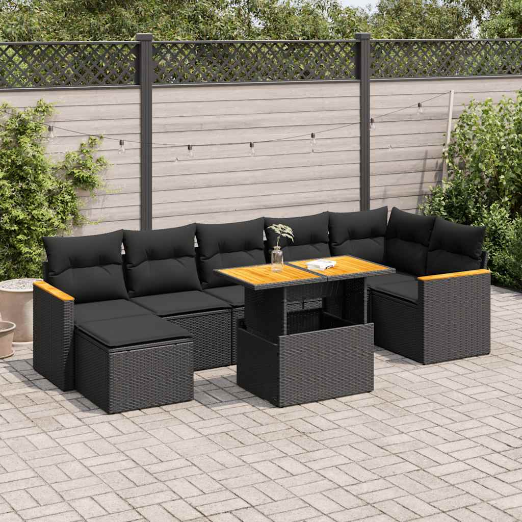 NNEVL 8 Piece Garden Sofa Set with Cushions Black Poly Rattan Acacia