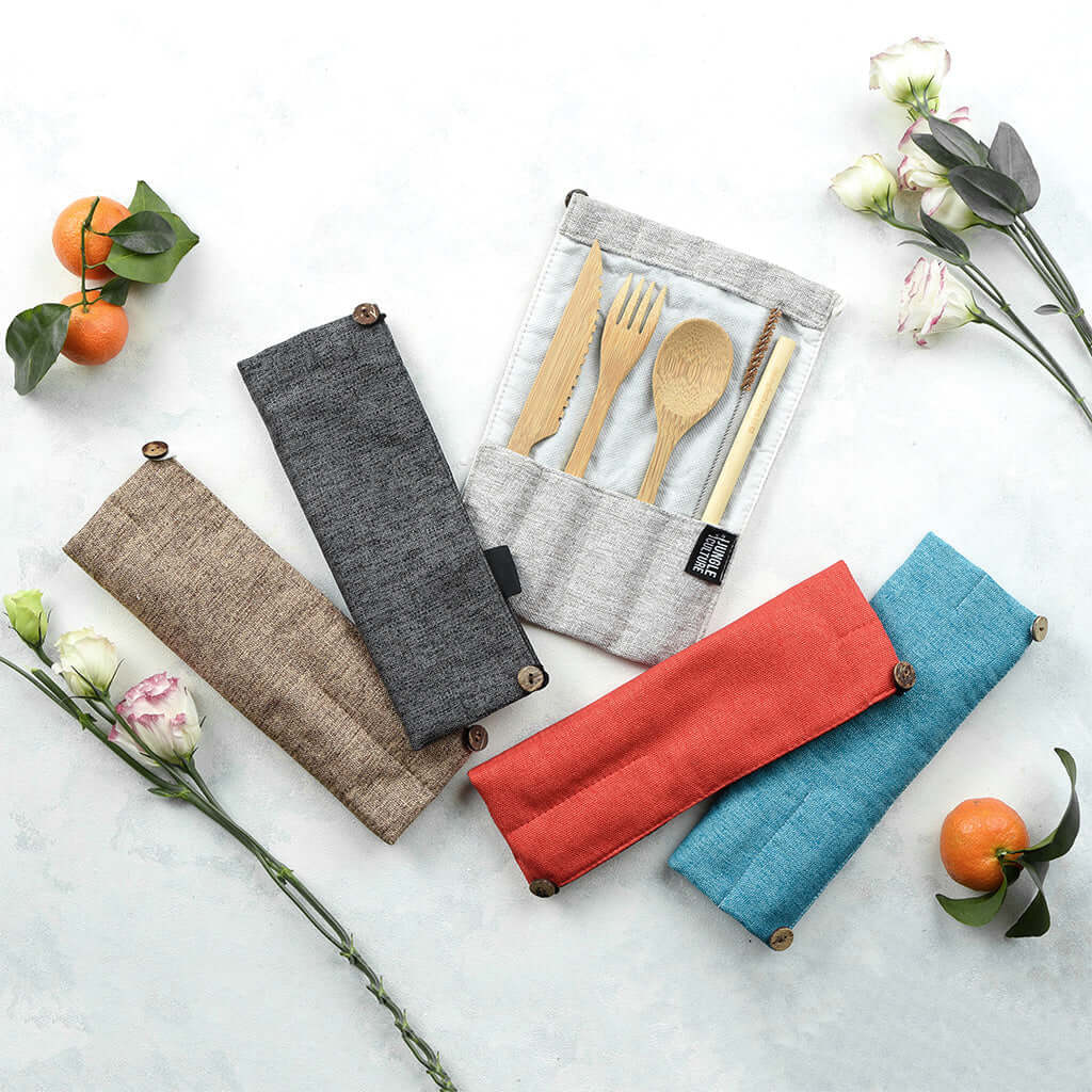 Bamboo Cutlery Set (Dark grey bag)