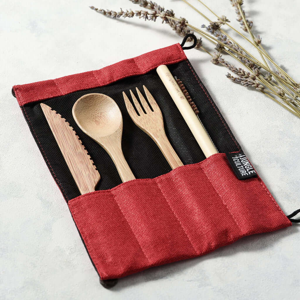 Bamboo Cutlery Set (Dark grey bag)