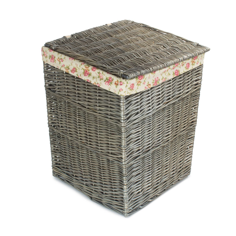 Antique Wash Square Garden Rose Cotton Lined Laundry Basket