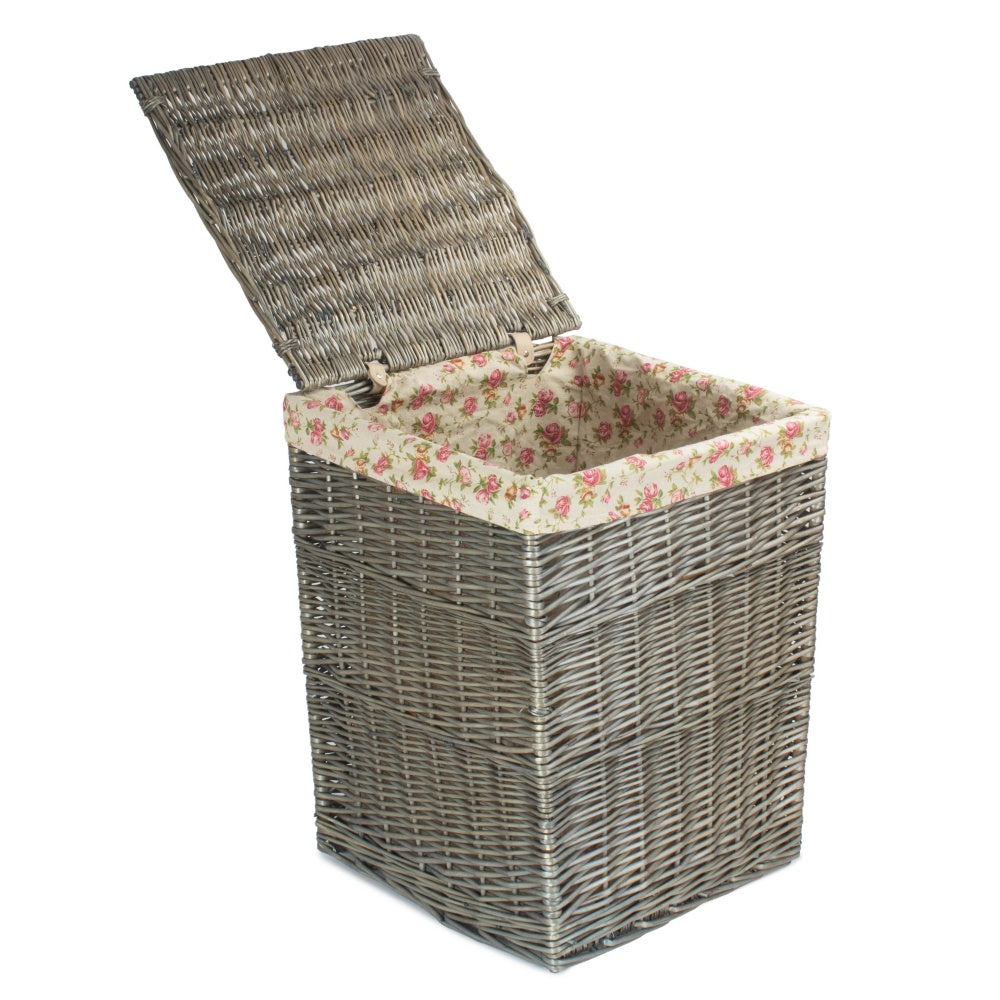 Antique Wash Square Garden Rose Cotton Lined Laundry Basket