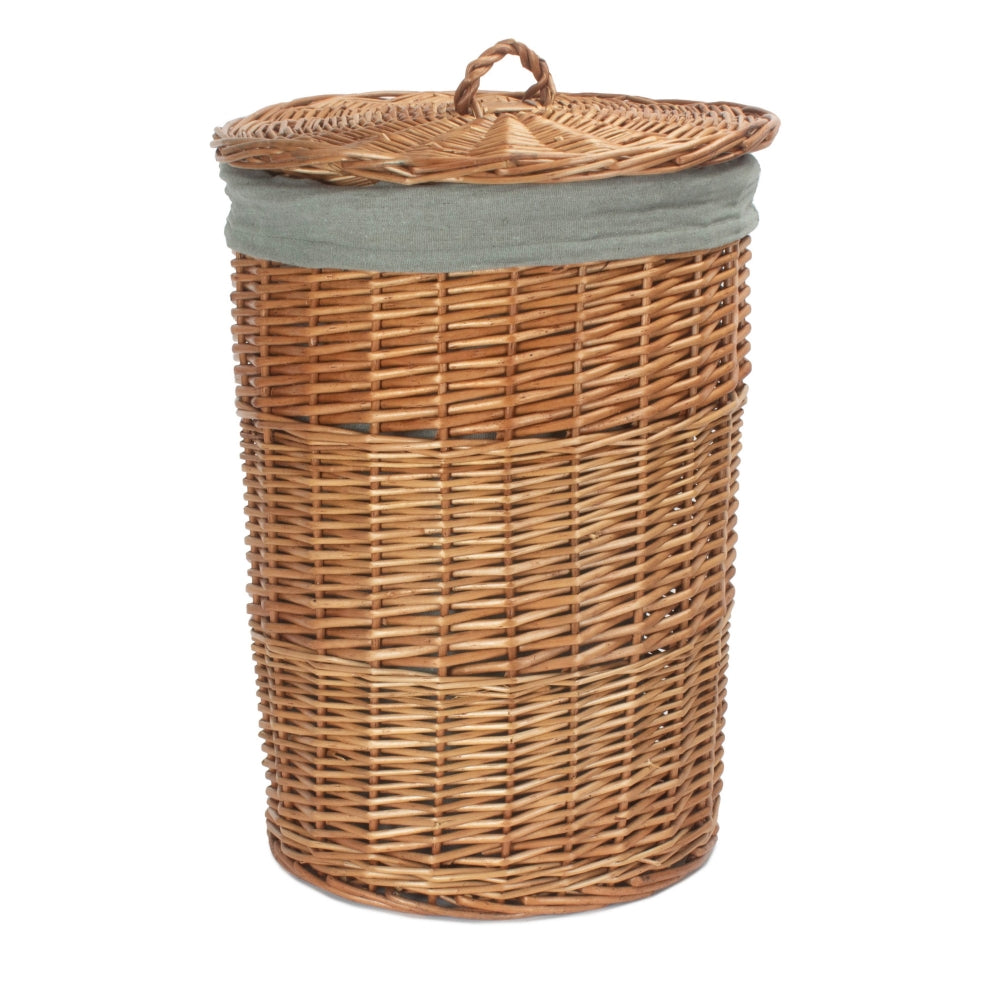 Light Steamed Round Wicker Laundry Basket with Grey Sage Lining