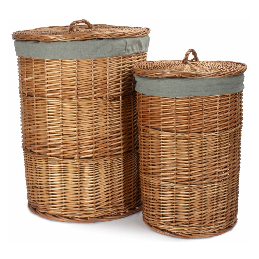 Light Steamed Round Wicker Laundry Basket with Grey Sage Lining