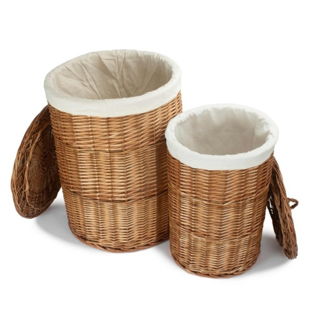 Light Steamed Round White Cotton Lined Wicker Laundry Basket