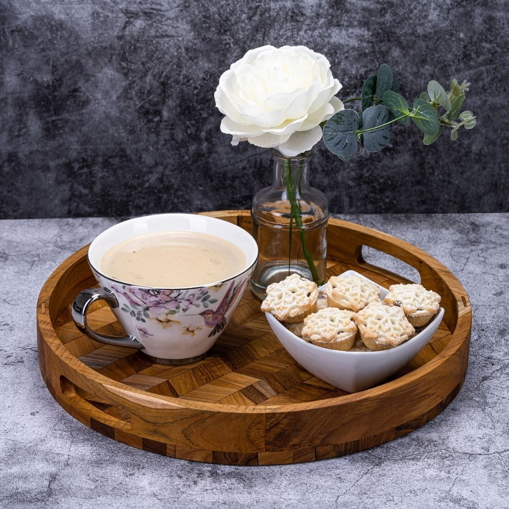 Herringbone Pattern Round Wooden Serving Tray