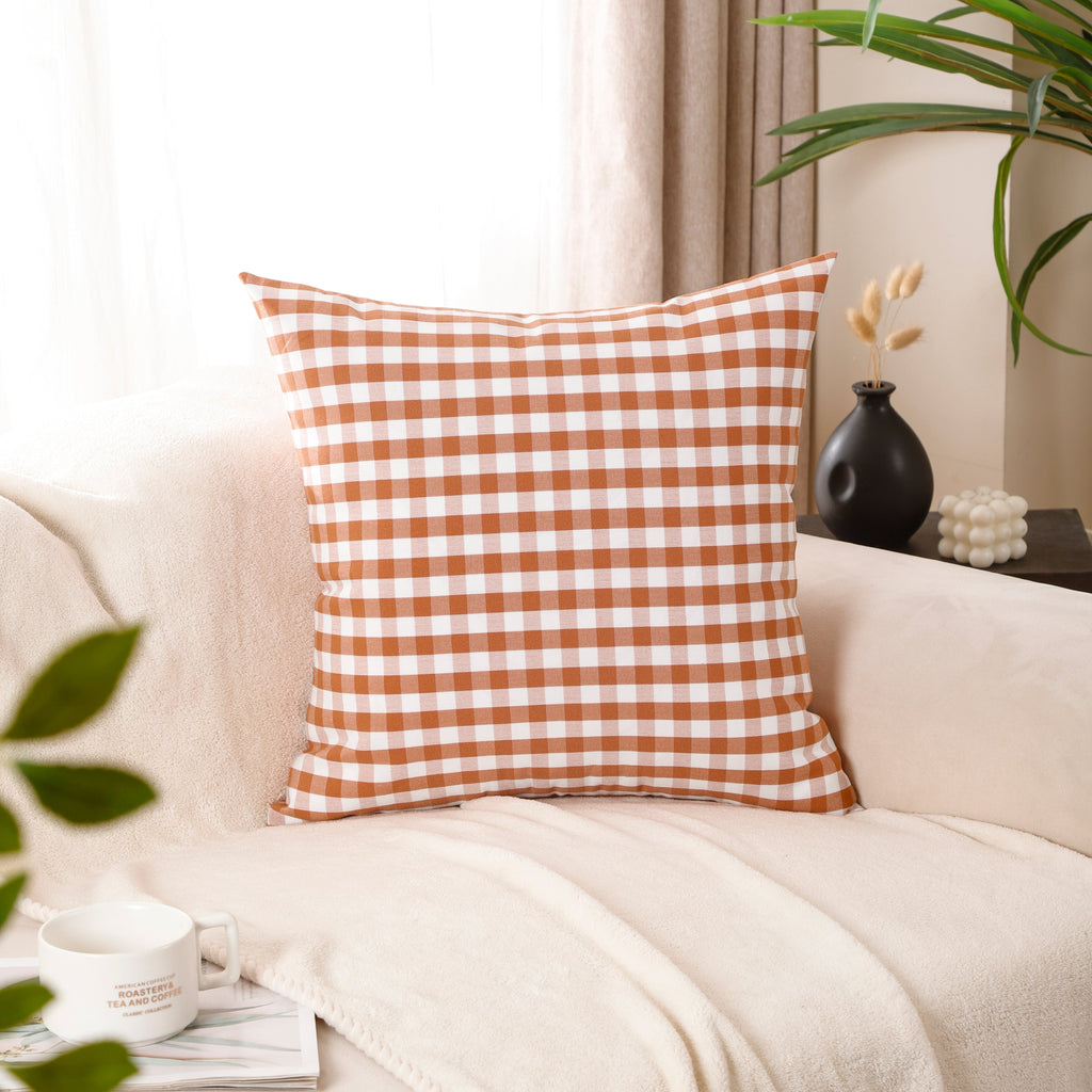 Orange Buffalo Check & Stripe Cushion Covers – Set of 4 Polyester Cushion Covers (45×45 cm)-1