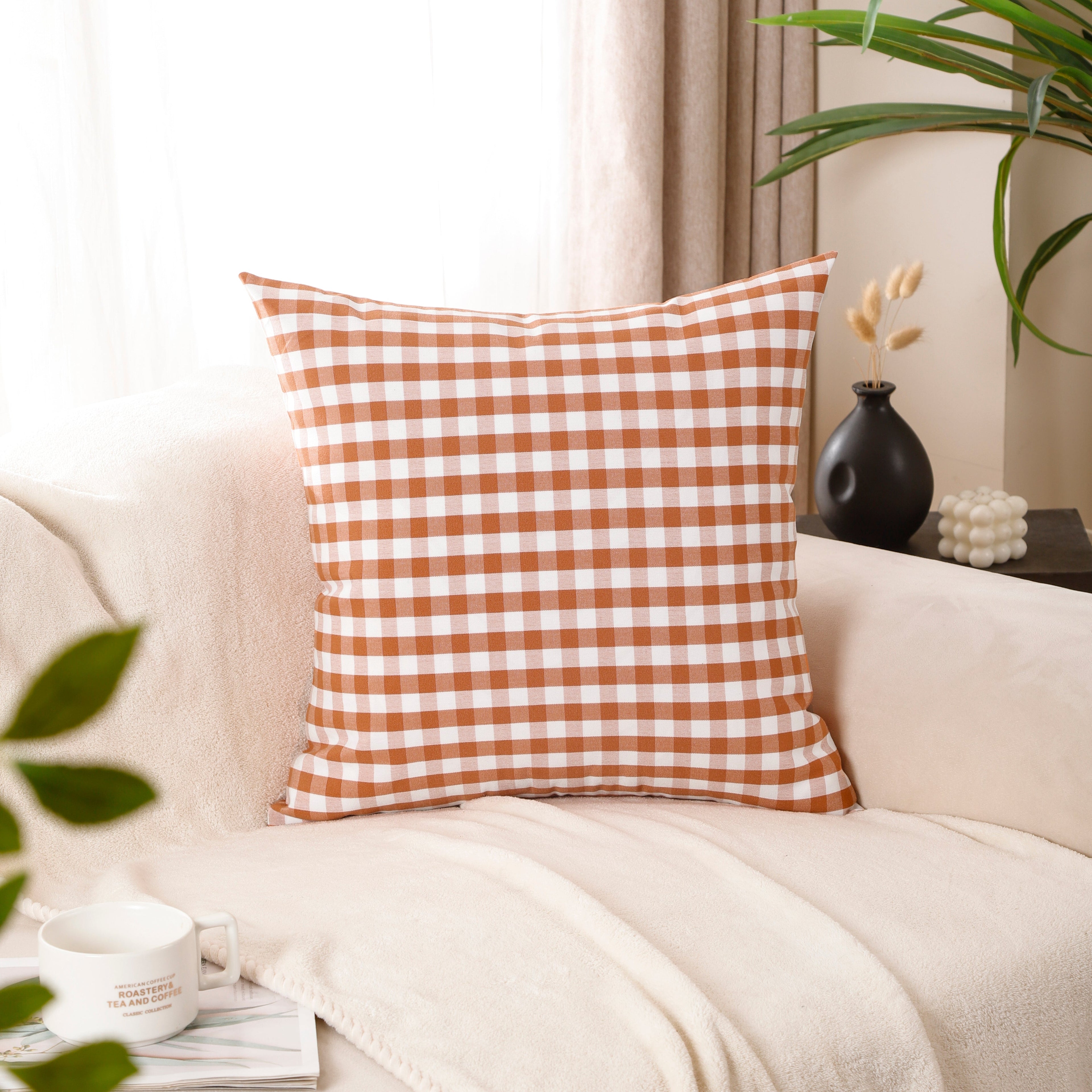 Orange Buffalo Check & Stripe Cushion Covers – Set of 4 Polyester Cushion Covers (45×45 cm)-1