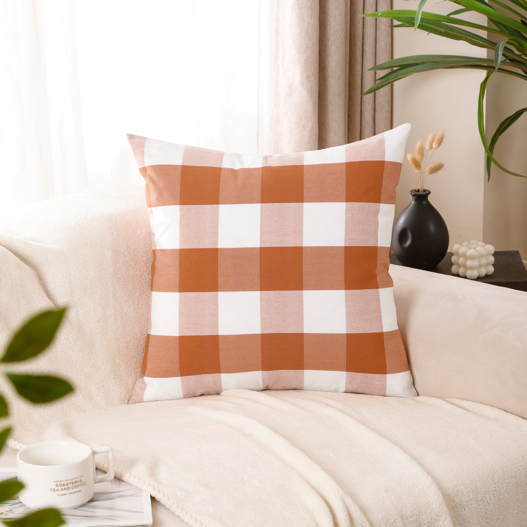 Orange Buffalo Check & Stripe Cushion Covers – Set of 4 Polyester Cushion Covers (45×45 cm)-3