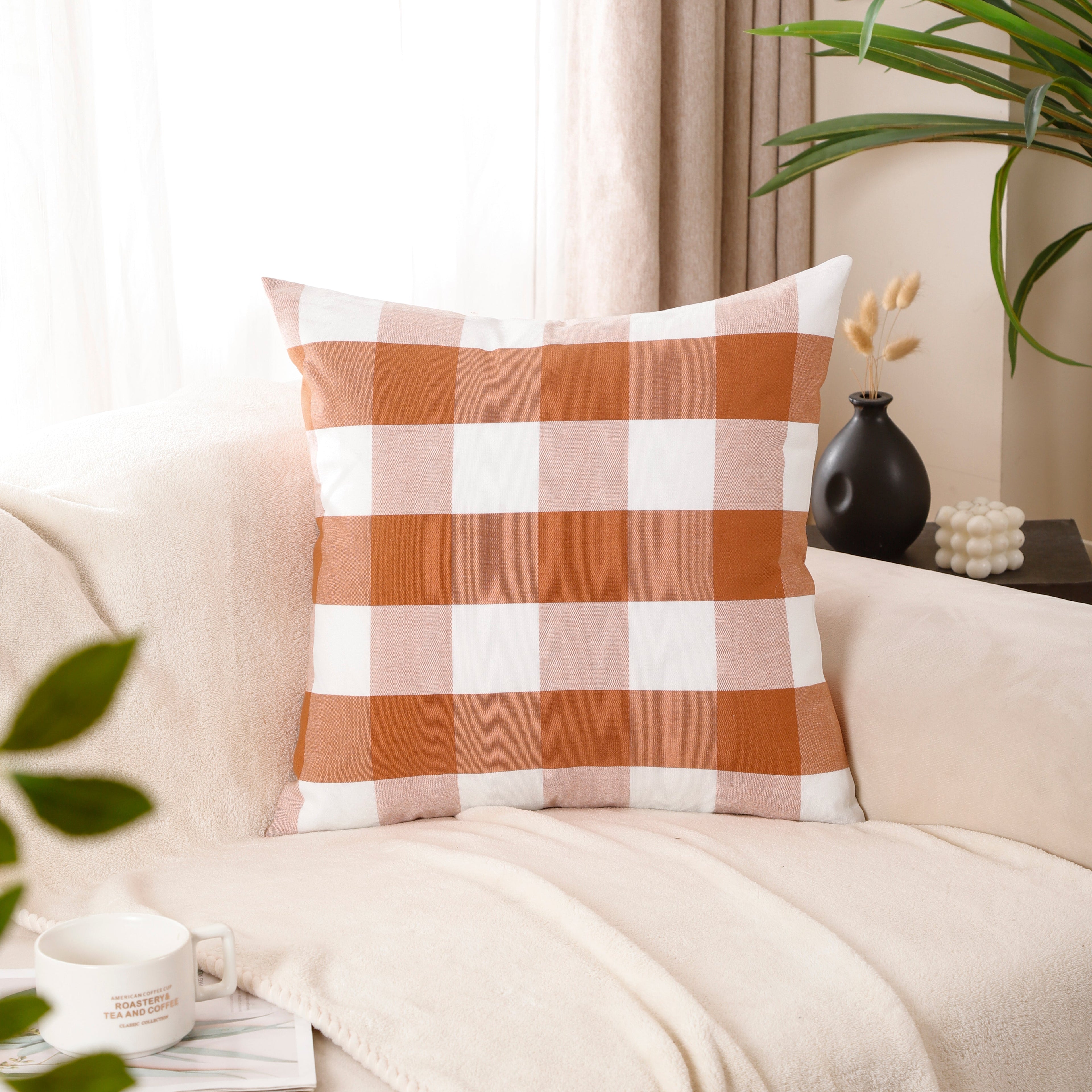 Orange Buffalo Check & Stripe Cushion Covers – Set of 4 Polyester Cushion Covers (45×45 cm)-3