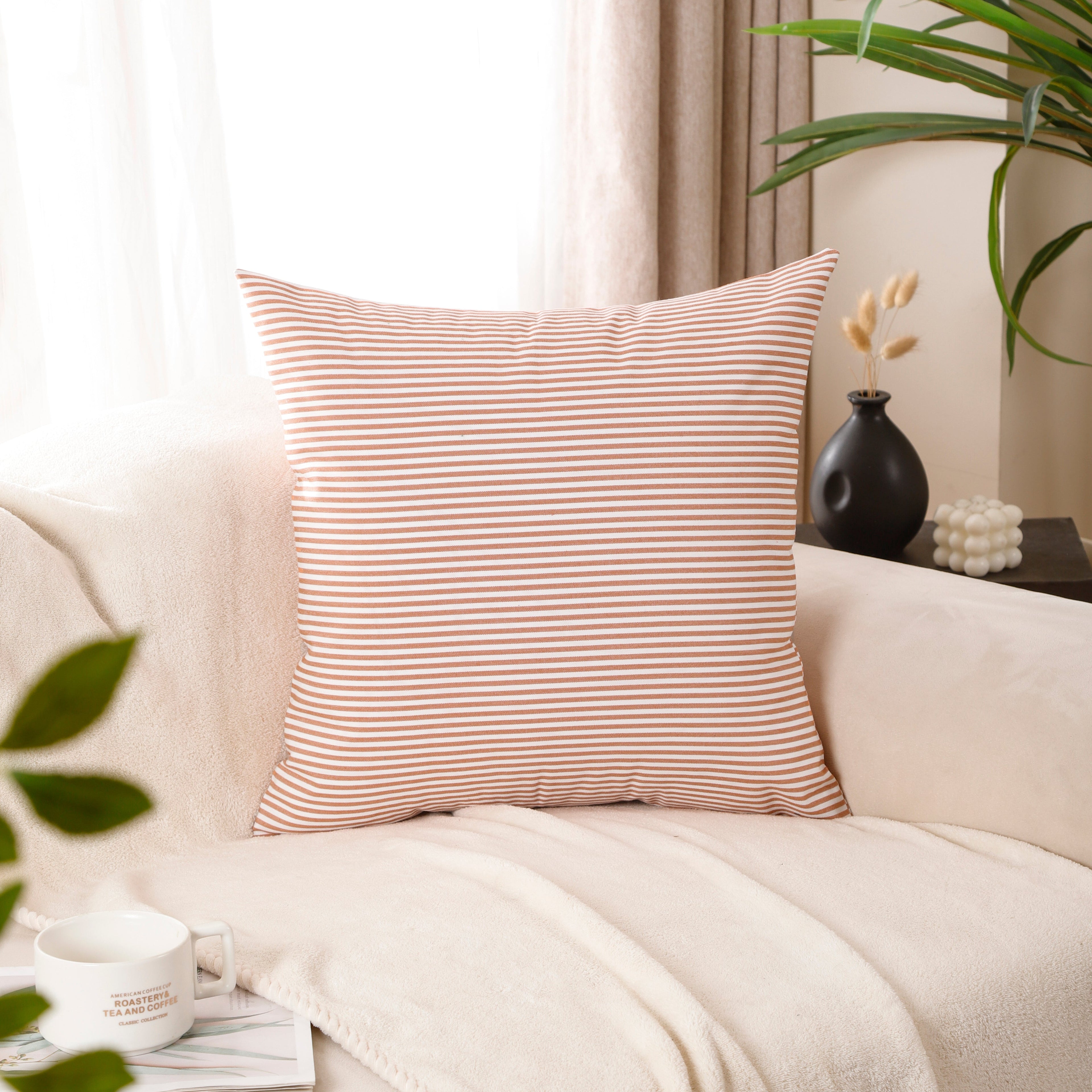 Orange Buffalo Check & Stripe Cushion Covers – Set of 4 Polyester Cushion Covers (45×45 cm)-4