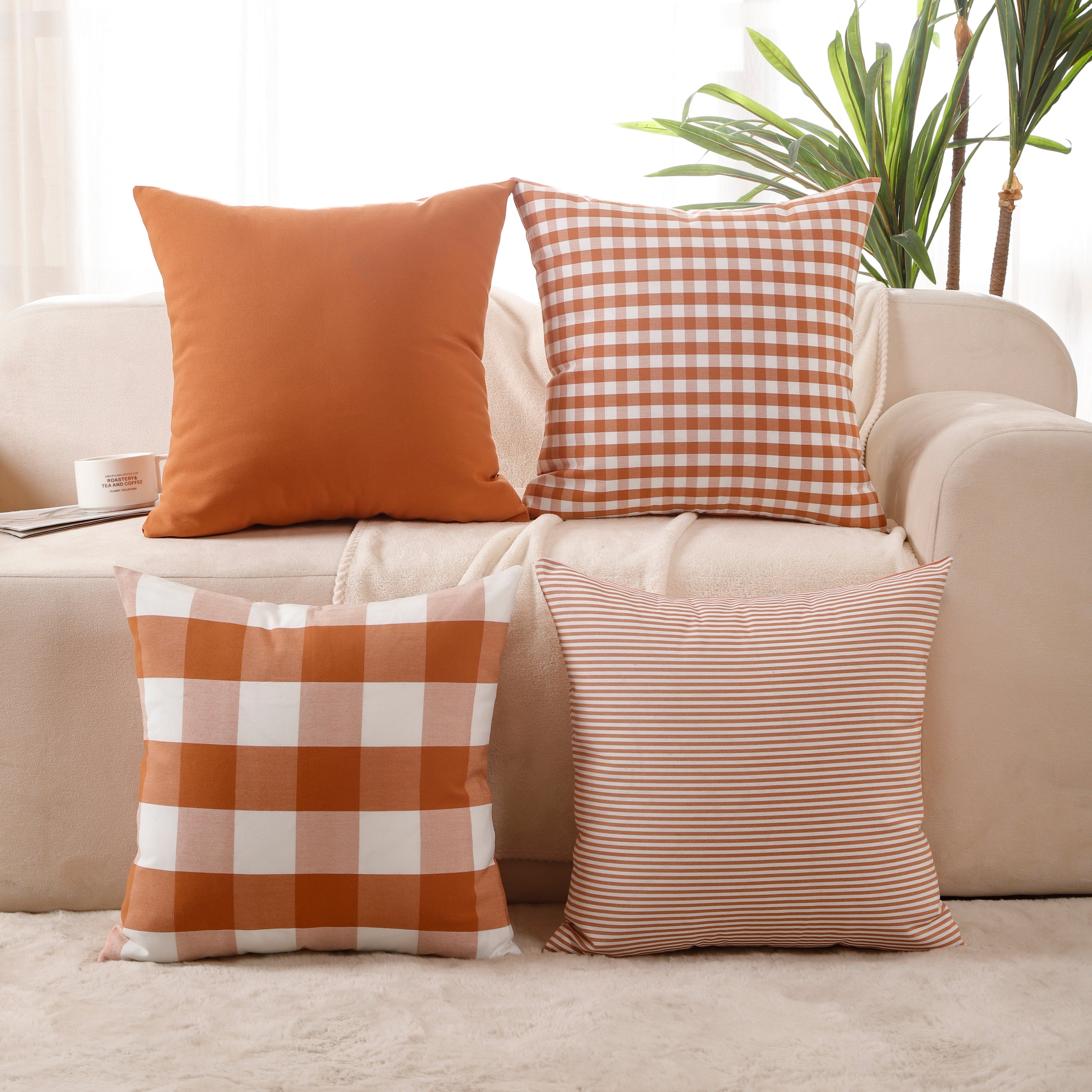 Orange Buffalo Check & Stripe Cushion Covers – Set of 4 Polyester Cushion Covers (45×45 cm)-0
