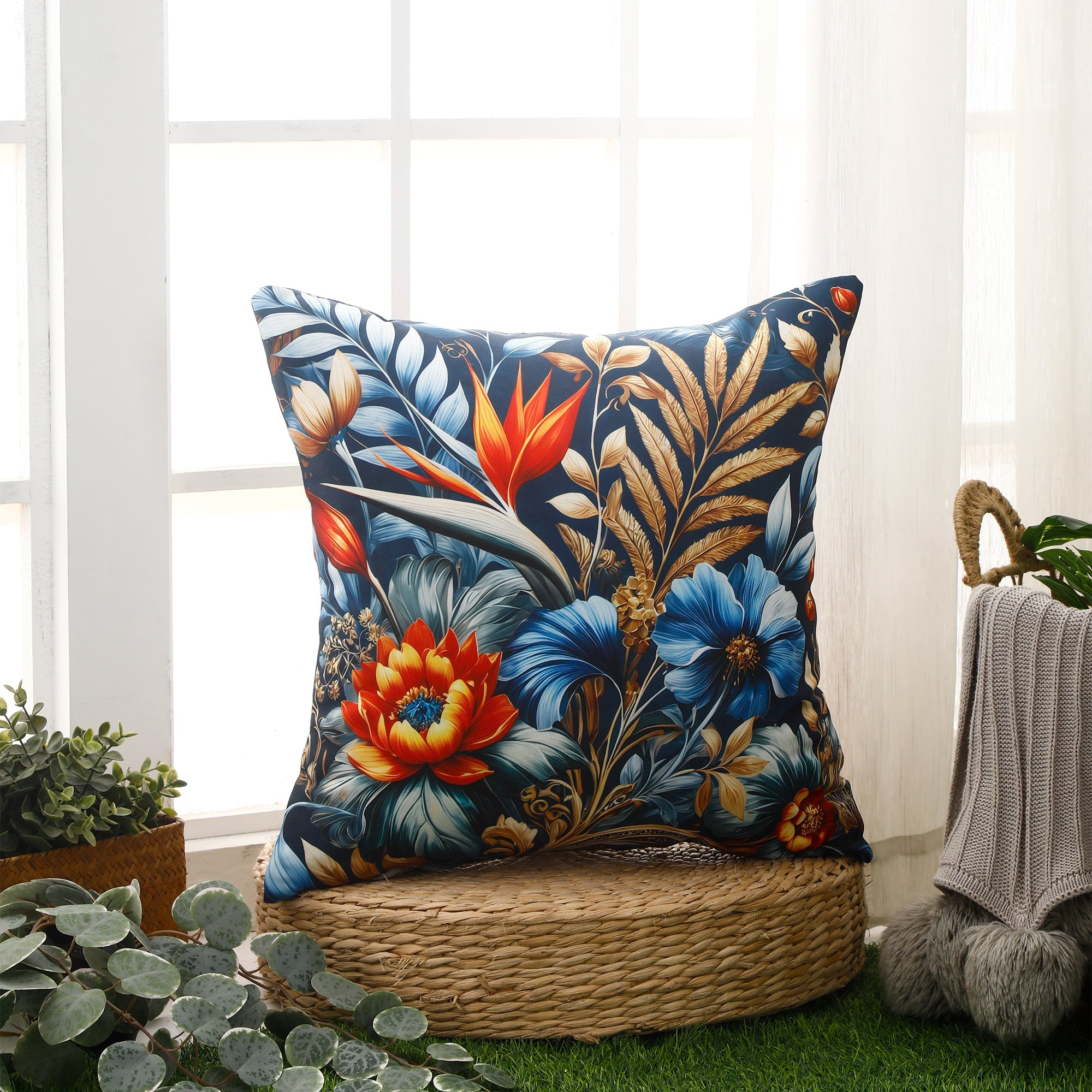 Water & Stain Resistant Floral Outdoor Cushion Cover 45x45cm Garden Décor - Design 2 (Blue)-1