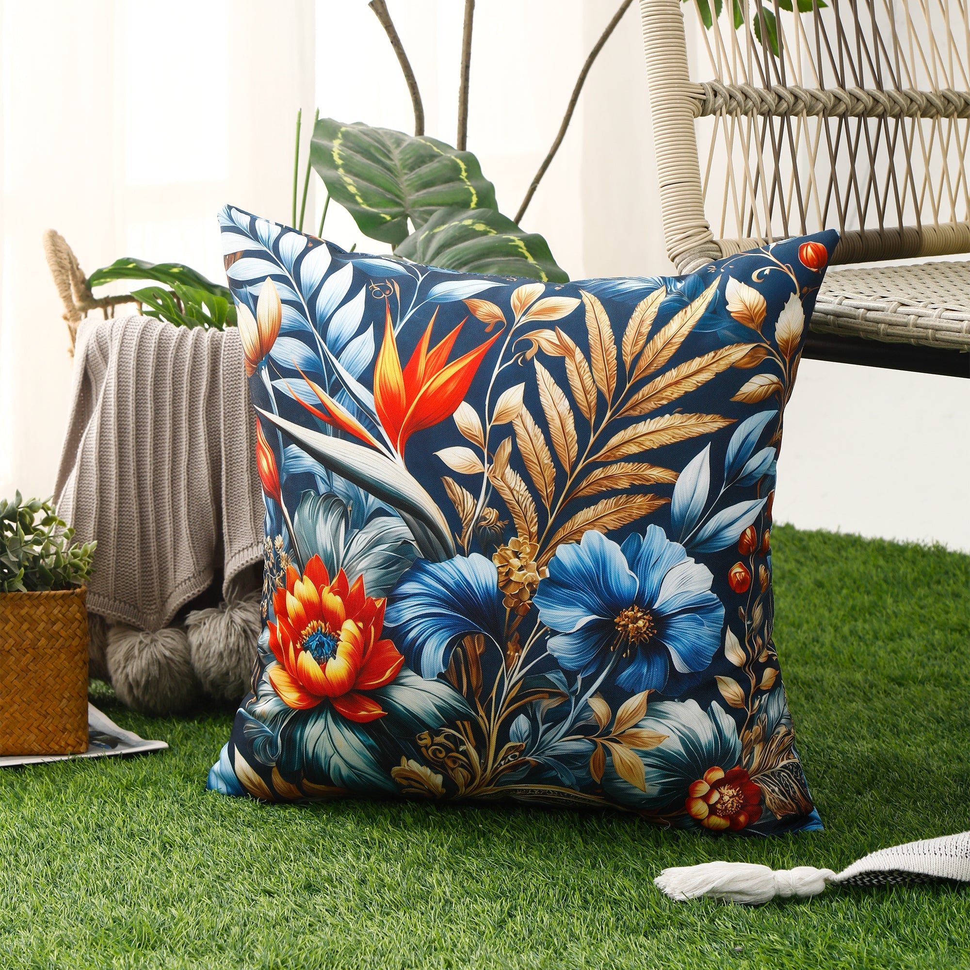 Water & Stain Resistant Floral Outdoor Cushion Cover 45x45cm Garden Décor - Design 2 (Blue)-2