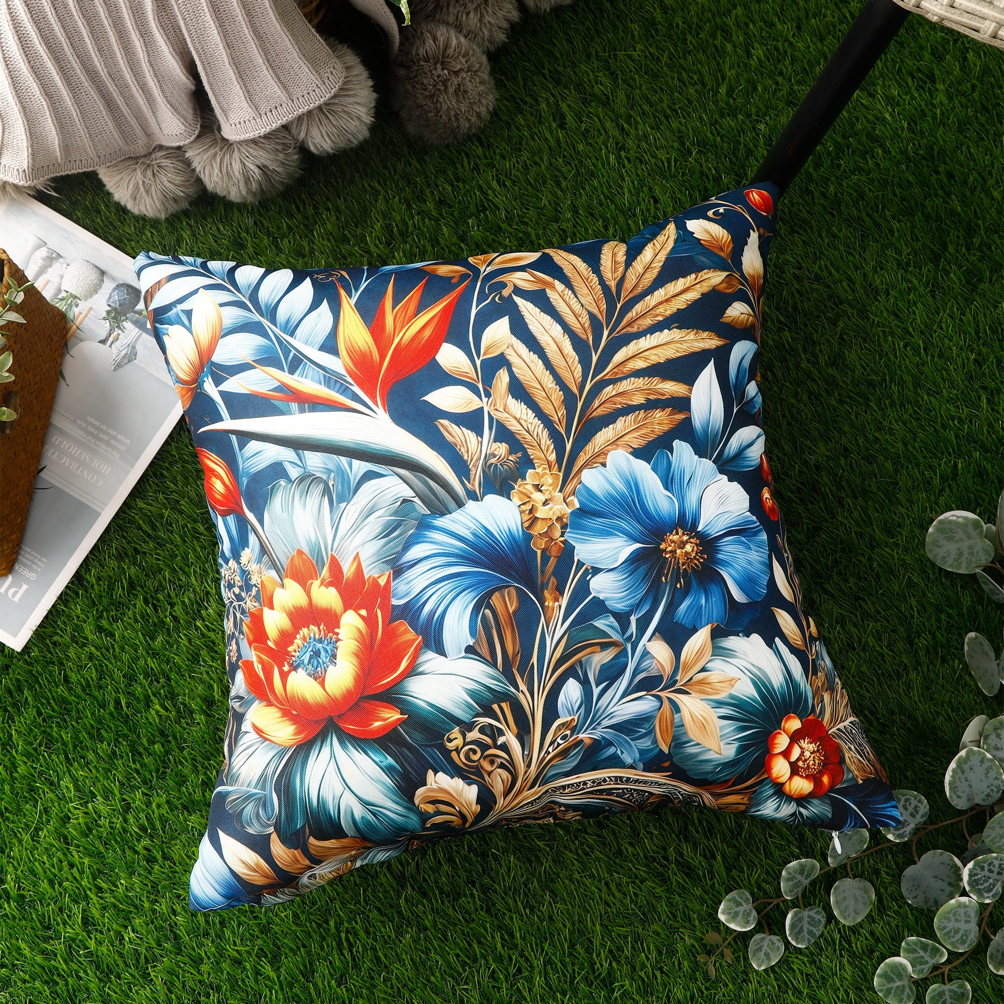 Water & Stain Resistant Floral Outdoor Cushion Cover 45x45cm Garden Décor - Design 2 (Blue)-3