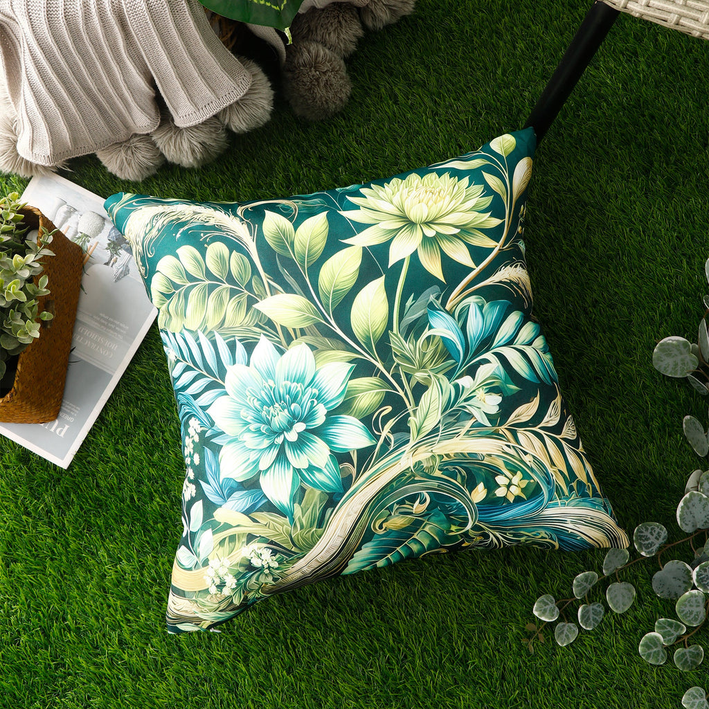 Water & Stain Resistant Floral Outdoor Cushion Cover 45x45cm Garden Décor - Design 3 (Green)-1