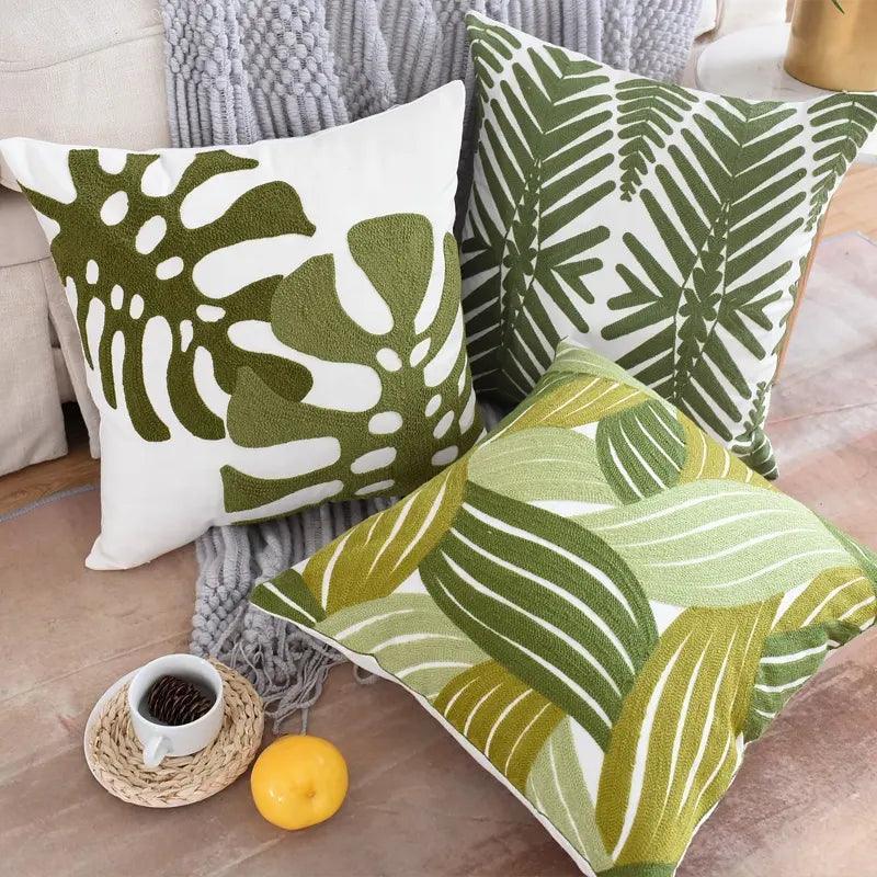 Pure Cotton Green Leaves Pattern Embroidery Cushion Cover 45x45cm (18 x 18 Inches)-2