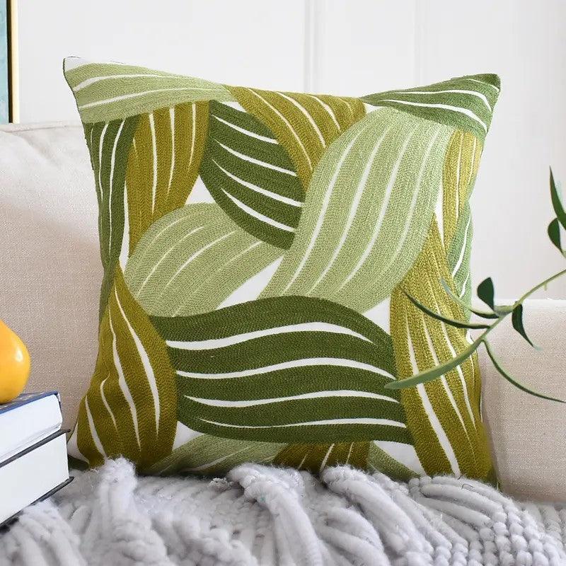 Pure Cotton Green Leaves Pattern Embroidery Cushion Cover 45x45cm (18 x 18 Inches)-0