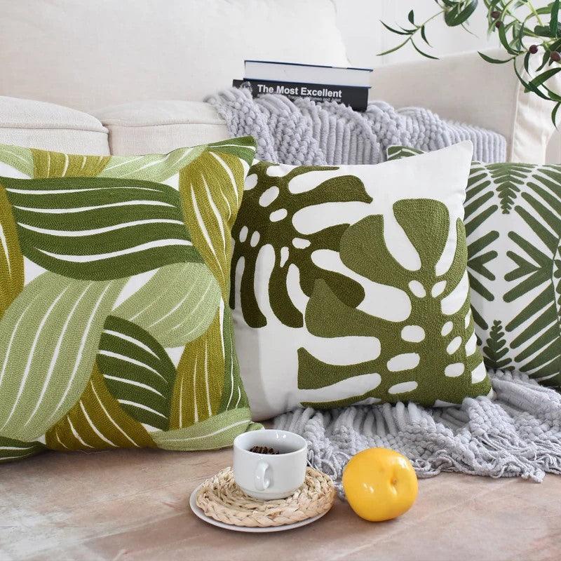 Pure Cotton Green Leaves Pattern Embroidery Cushion Cover 45x45cm (18 x 18 Inches)-3