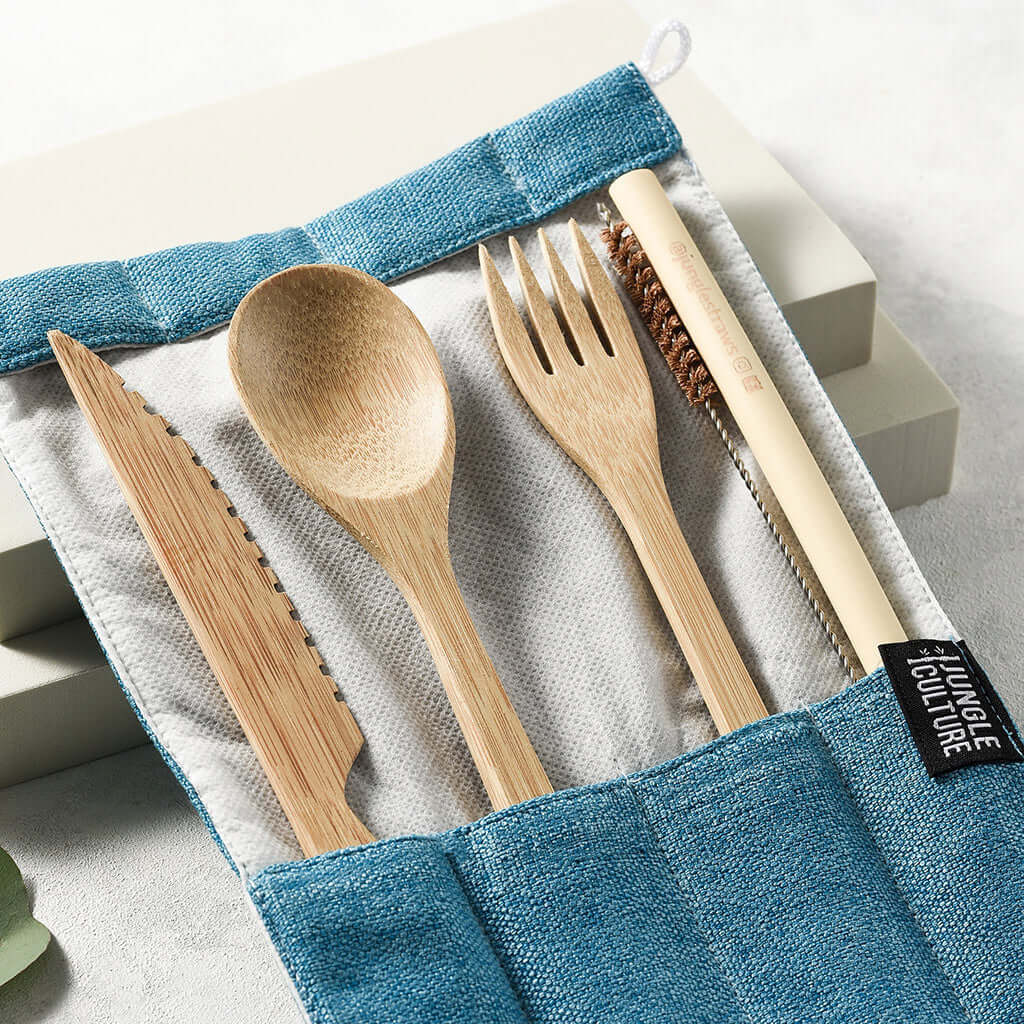 Bamboo Cutlery Set (Dark grey bag)