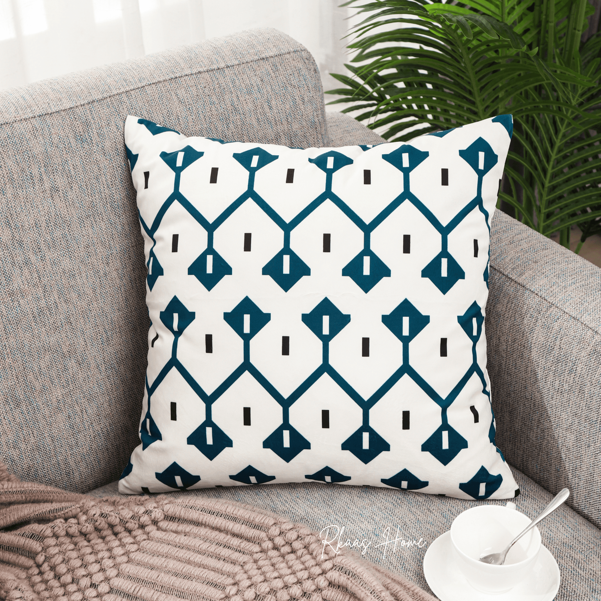 Designer Dutch Velvet Geometric Cushion Cover 45x45 cm - Blue