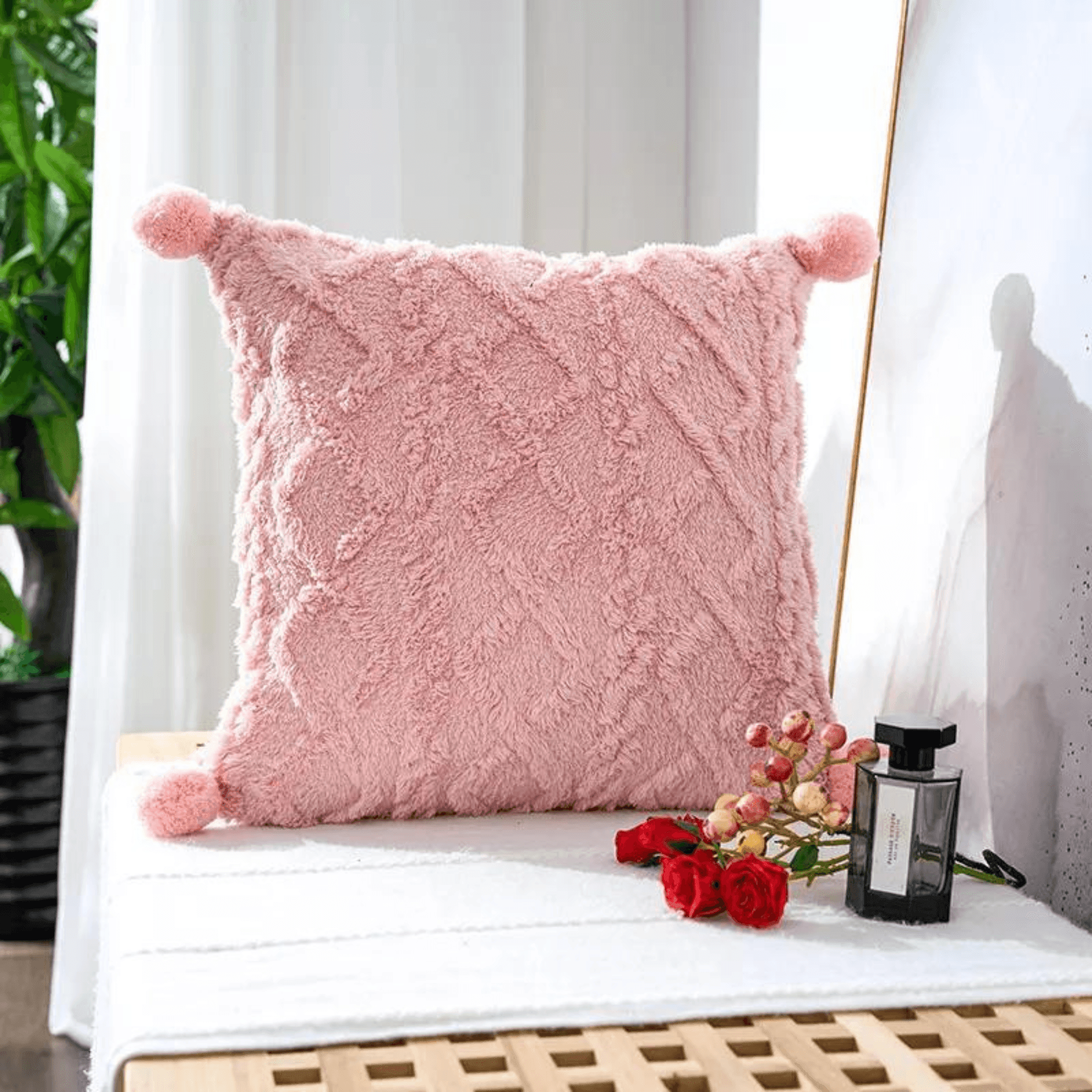 Blush Pink Pom Pom Fluffy Soft Plush Cushion Covers 45x45cm - Cozy Decorative Throw Pillowcase