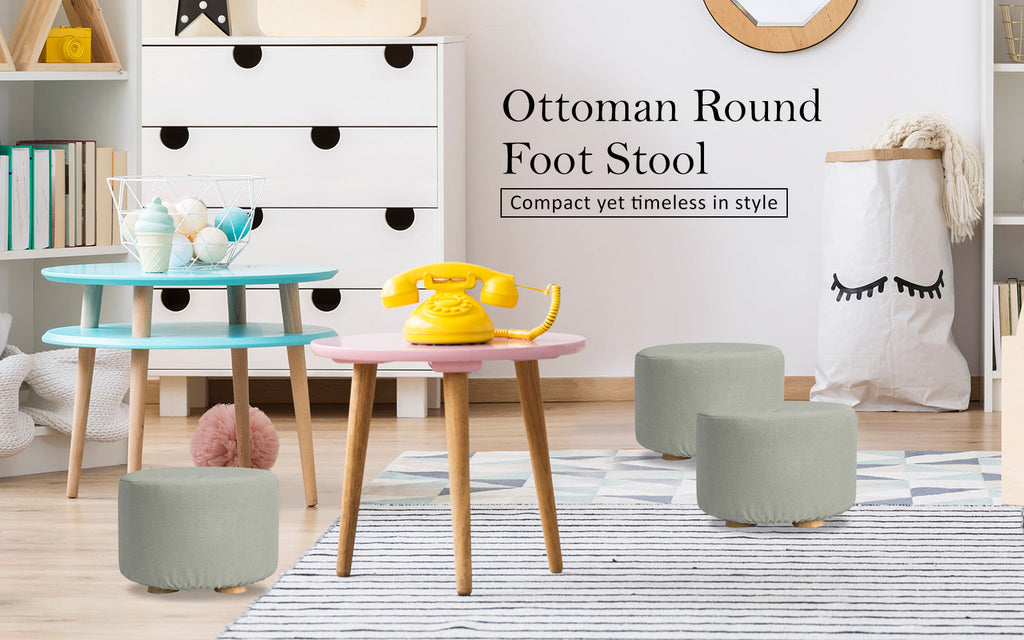 NNEDSZ 2 Set Grey Fabric Ottoman Round Wooden Leg Foot Stool