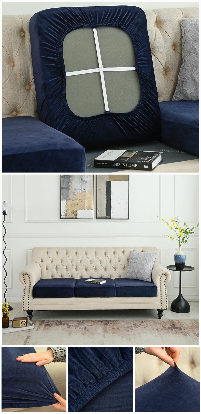 NNEDSZ 2 Pcs Navy Blue Elegant Polyester Sofa Cover - Full Protection Against Cat Scratches & Wear