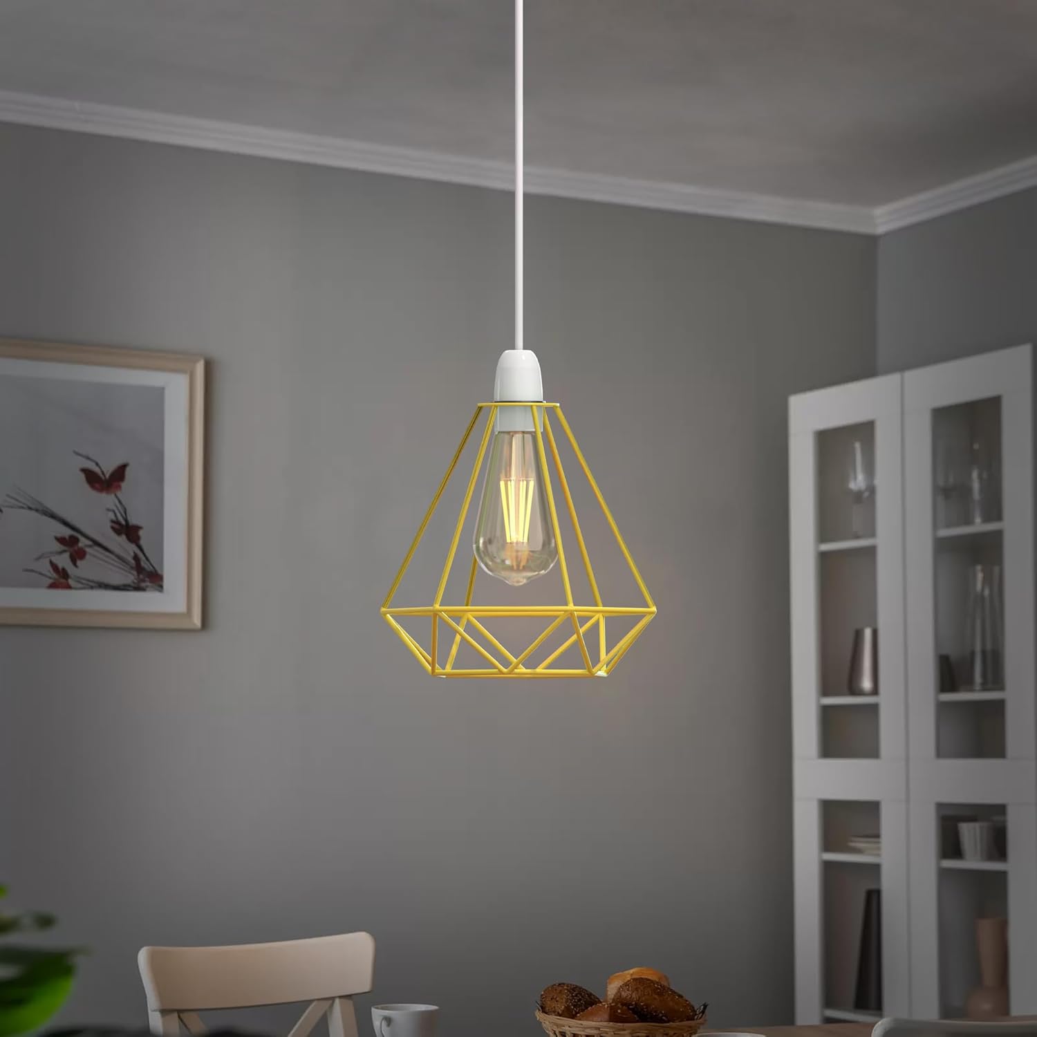 Yellow Diamond Cage Pendant Lamp Shade Metal Wire Ceiling Light Fixture ~1900