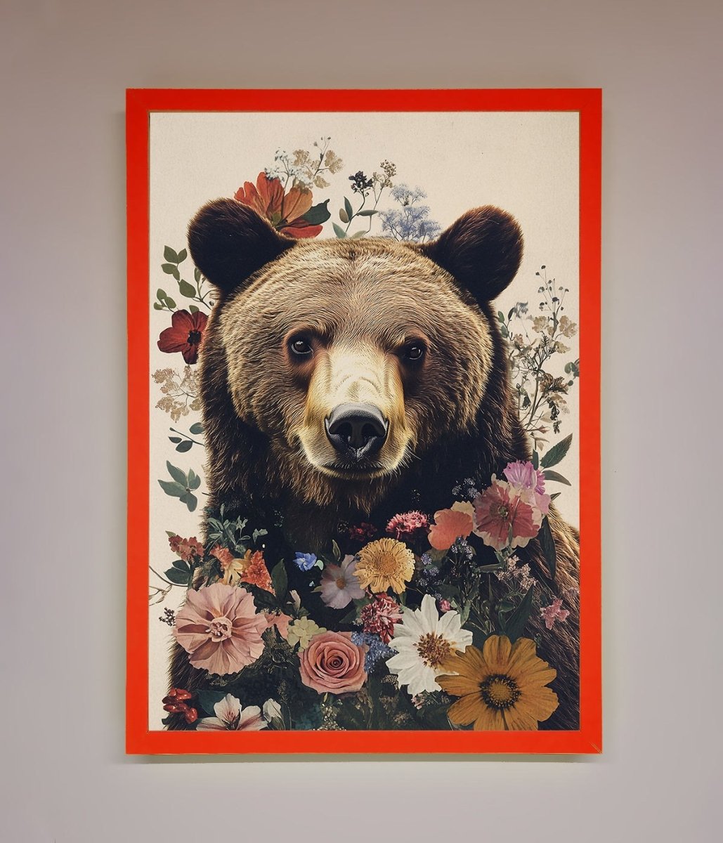 Brown Grizzly Bear Floral Framed Print