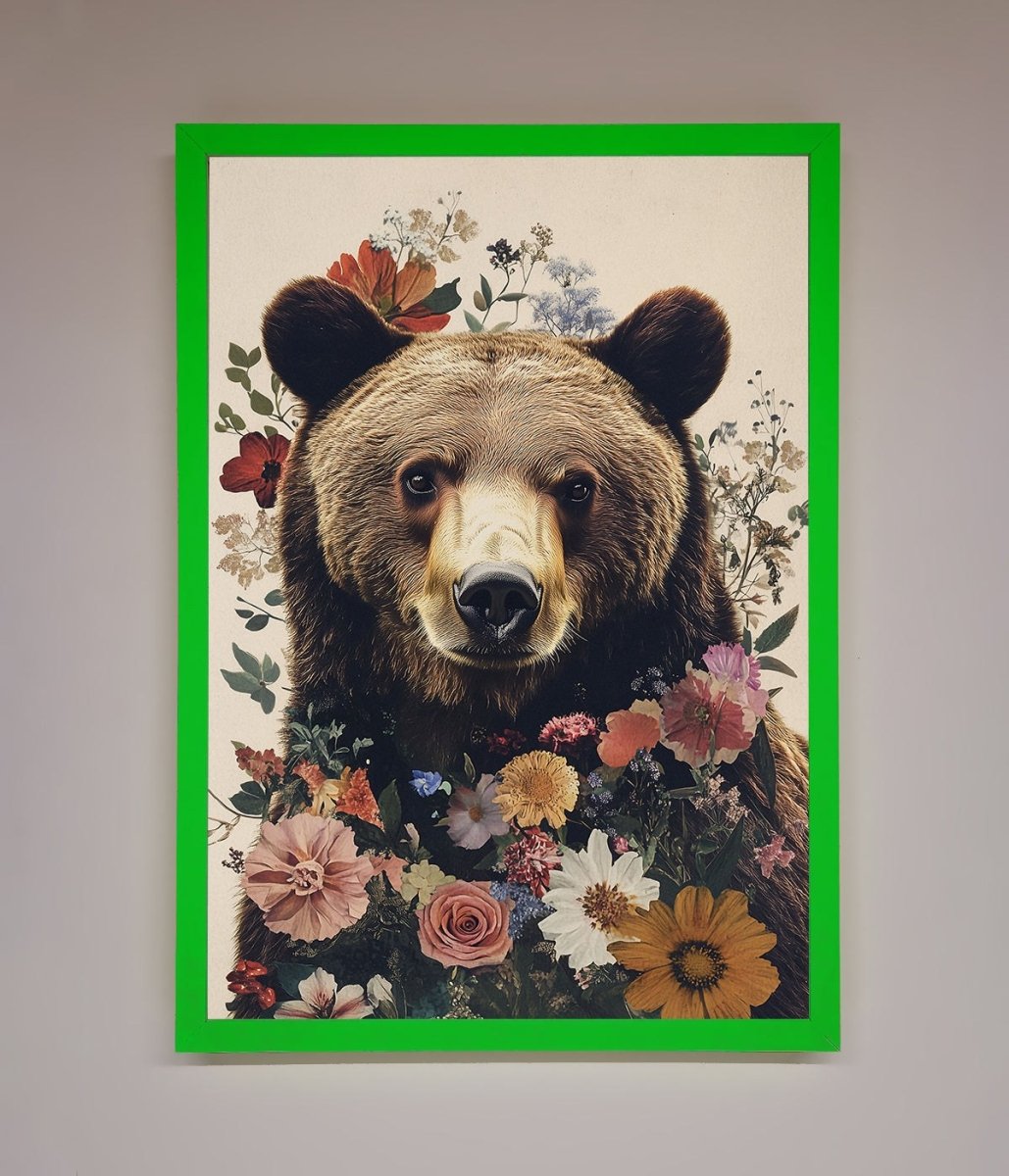 Brown Grizzly Bear Floral Framed Print