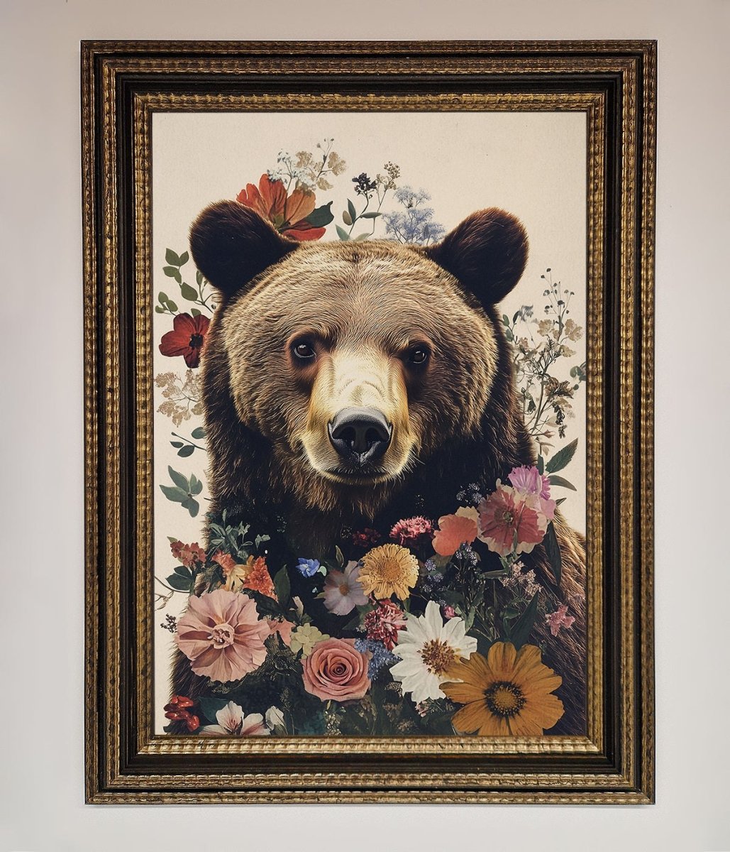 Brown Grizzly Bear Floral Framed Print