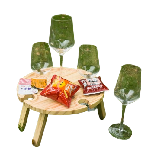 Portable Wooden Picnic Table Carry Handle Outdoor Folding Wine Table Removable Wine Glass Holder Folding Table Fruit Snack Tray