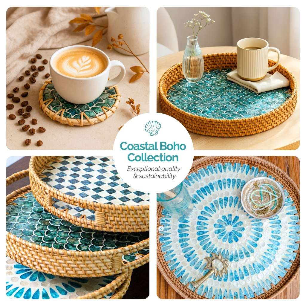 Handmade Natural Rattan & Mother of Pearl Coaster Set (6 Piece + Holder) • Ripple