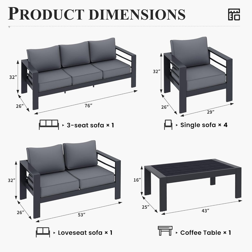 Aluminum Patio Furniture Set, 7 Piece Metal Outdoor Furniture Set, Patio Furniture Set with Waterproof Covers for Backyard Garden（Grey）