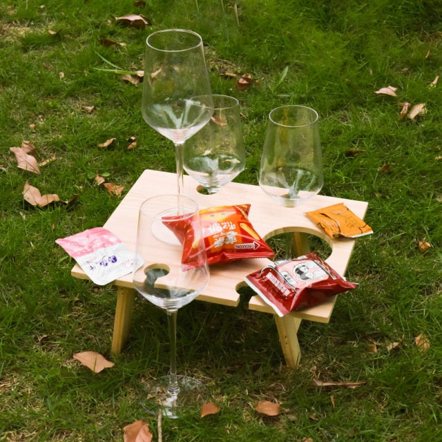 Portable Wooden Picnic Table Carry Handle Outdoor Folding Wine Table Removable Wine Glass Holder Folding Table Fruit Snack Tray-8