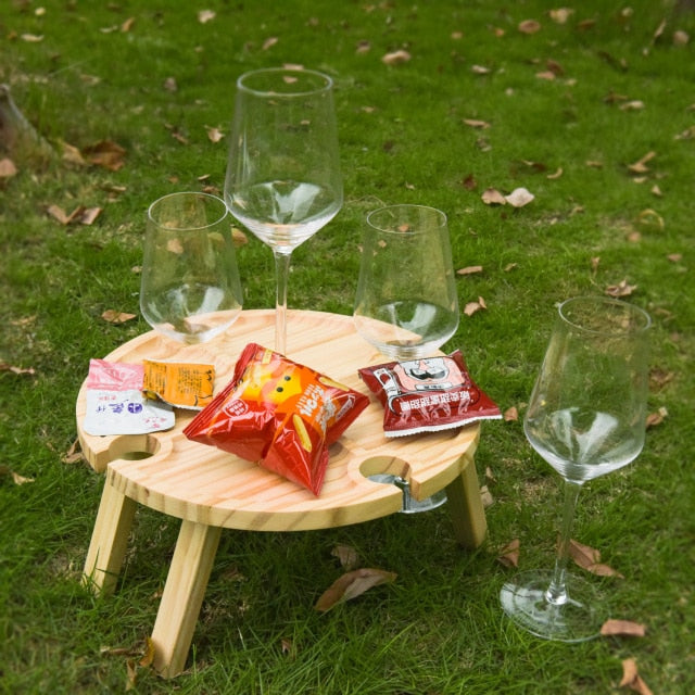 Portable Wooden Picnic Table Carry Handle Outdoor Folding Wine Table Removable Wine Glass Holder Folding Table Fruit Snack Tray-5
