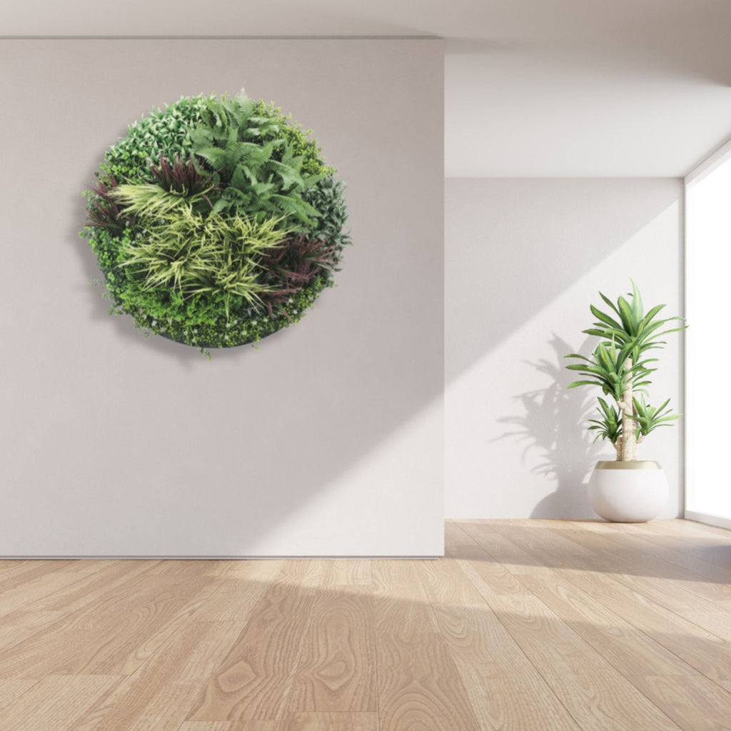 Slimline Artificial Green Wall Disc Art 100cm Grassy Fern UV Resistant (White)