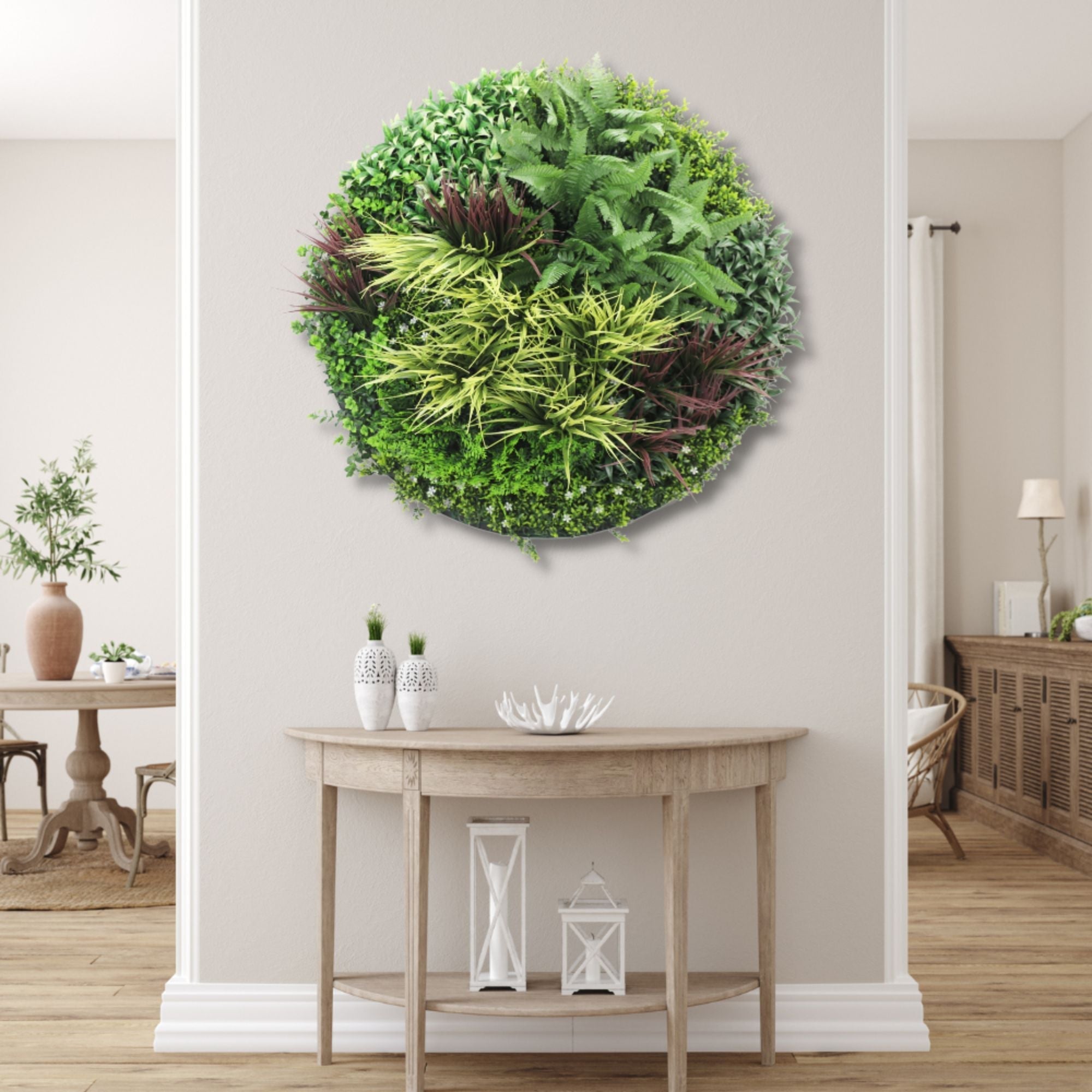 Slimline Artificial Green Wall Disc Art 100cm Grassy Fern UV Resistant (White)